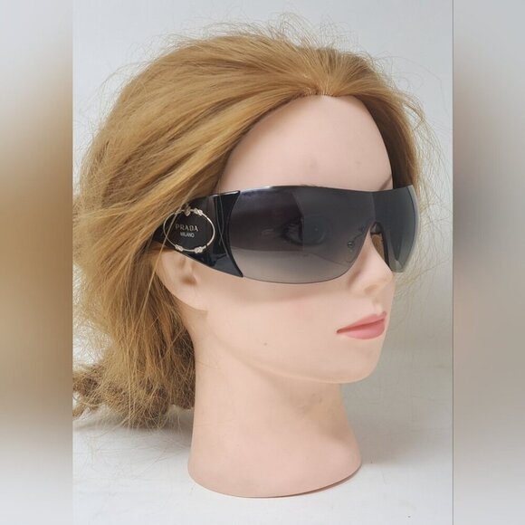 Prada Sunglasses Shield Rimless Oversized Wrap Tinted Black Logo Y2K SPR 16H - Picture 10 of 16